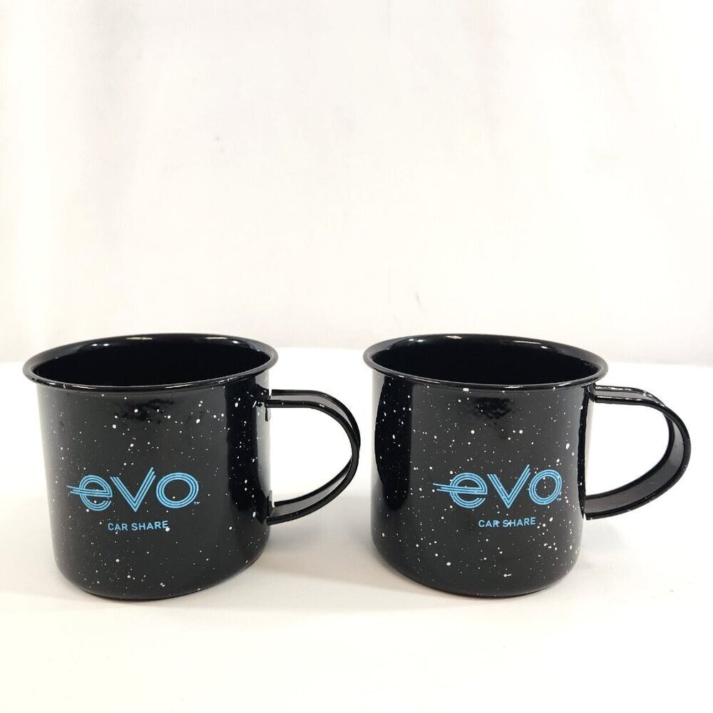 EVO Car Share Camping Enamel Mugs Black Speckled Outdoor Drinking Cups x 2